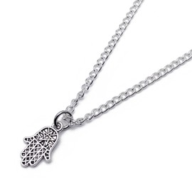 HAMSA Fatima's Hand Pendant Necklace - Silver Tone Charm on 16 Inch Silverplated Curb Chain
