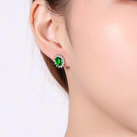 WOVEE Earrings Silver 925 Oval Flower Stud Earrings AAA Zirconia White/Blue/Green Elliptical Glitter Stone Stud Silver 925 Ladies Women Bridal Wedding Silver Earrings Women's Earrings, Cubic Zirconia