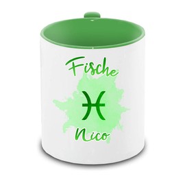 Tasse mit Namen Nico und Sternzeichen-Motiv Fische im Lettering-Stil | Keramik-Tasse grün | Astrologie-Geschenk