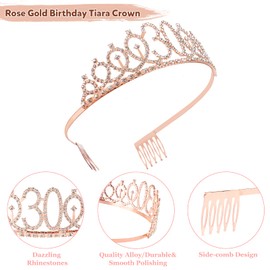 Jonvell 30th Birthday Sash and Tiara for Women, Rose Gold Birthday Sash and Crown, 30th Birthday Women Gifts for 30th Birthday Party Decoration
