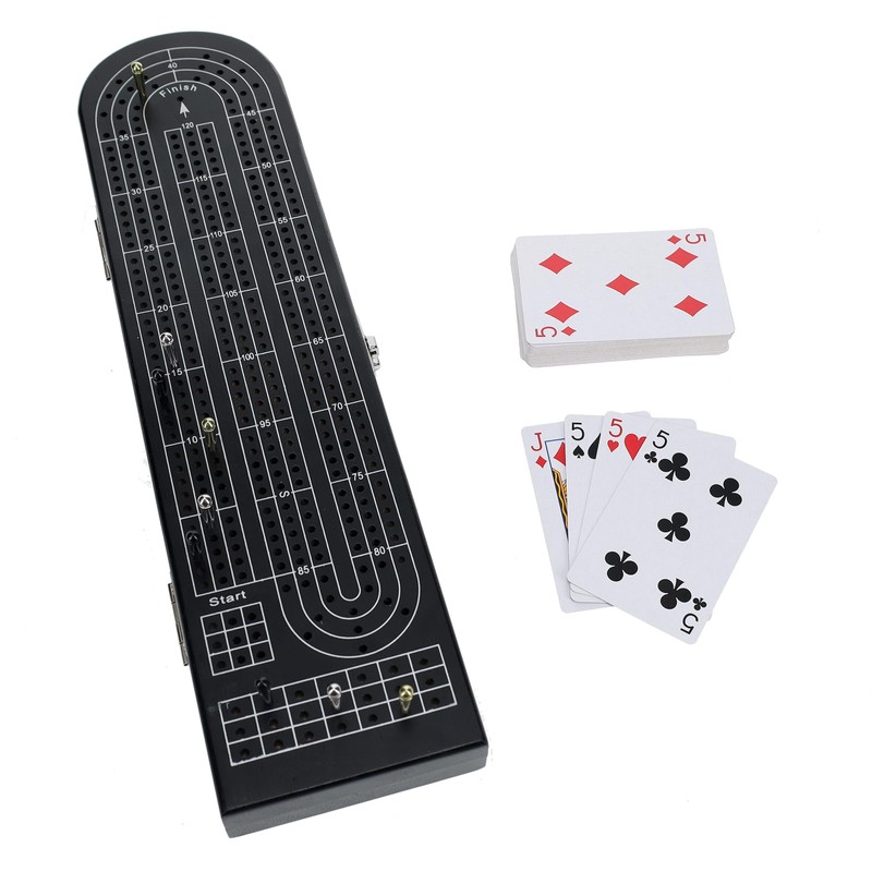 Pacific Shore Games Wooden Cribbage Board Game Set, Black Stained