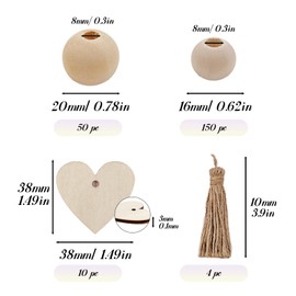 SNAIL GARDEN 200pcs Wooden Beads Set of 2 Sizes (16 mm/20 mm) with 10 Pieces Wooden Hearts and 4 Pieces Tassel Twine, Wooden Craft Beads for DIY Jewellery Making House Farm Party Decoration