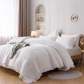 JANZAA Comforter Set Full Size White Comforter Set Ruffled Comforter Set Soft Vintage Farmhouse Bed Comforter Set Fluffy 3PCS Shabby Chic Bedding with 2 Pillowcases