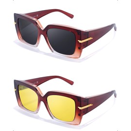 SIPHEW Polarised Sunglasses for Glasses Wearers Women Men Overglasses Clip On Normal Glasses UV400 Protection, A10 - 2pcs - Brown Frame - Grey & Yellow Lenses