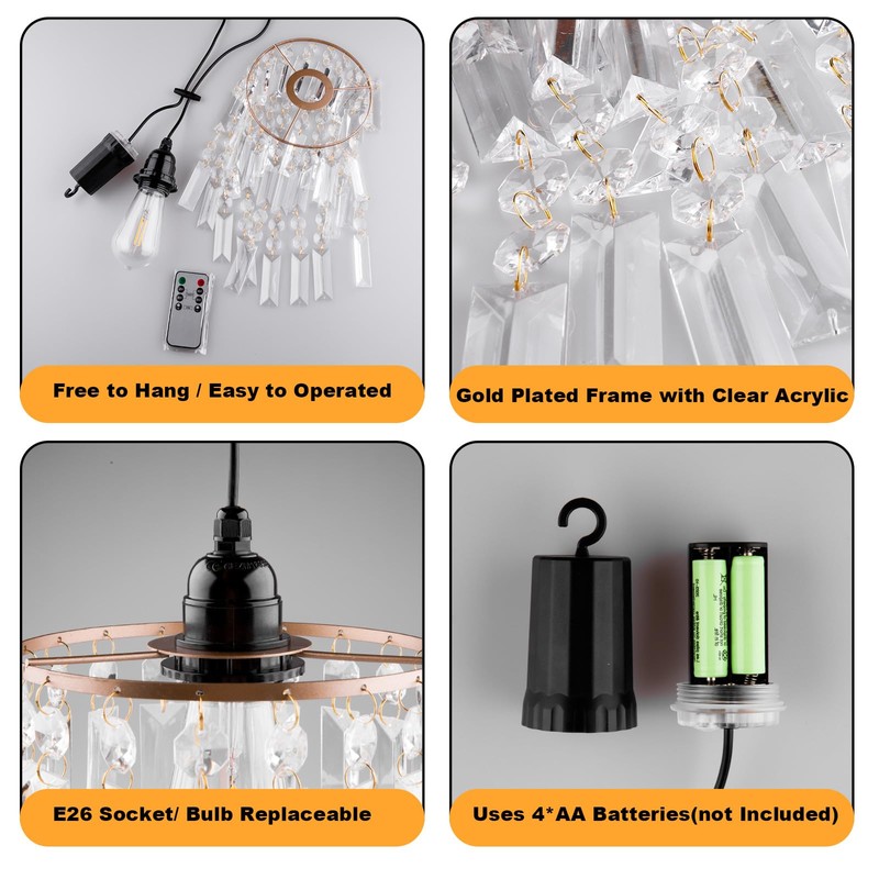Battery Operated Chandelier, 2Pack Hanging Gazebo Lights, Acrylic Crystal Beaded