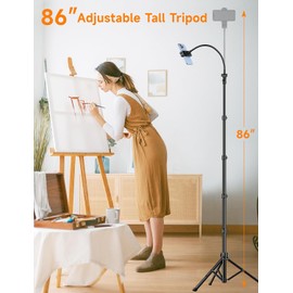 Phone Tripod, 86" Tall Tripod for iPhone with Flexible Gooseneck & Remote, Portable Aluminum Cellphone Stand for Selfies, Video Recording,Travel, Compatible with iPhone Android
