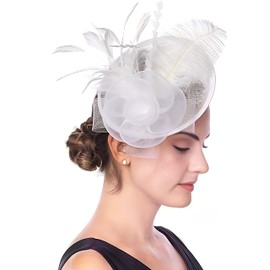 Women Ladies Fascinator Hat Feather Mesh Flower Wedding Party Hat Derby Hat with Clip and Hairband Retro Cocktail Tea Bridal Church Fascinator Head Piece Headwear White