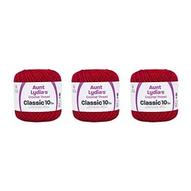 Aunt Lydia Classic Cardinal Red Crochet - Paquete de 3 unidades de 350/320 m - Algodón - Calibre 10 - Crochet