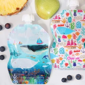 ChooMee Reusable Baby Food Storage Pouches | BPA Free Leakproof Toddler Squeeze Pouch for Smoothies, Purees & Baby Food | Refillable, Double Zipper, Easy Clean, Wide Bottom | 6CT, 8oz SeaLife