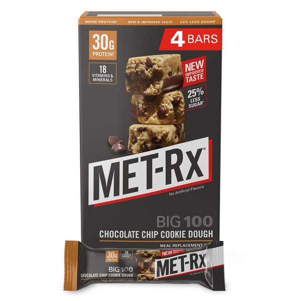 MET-Rx Big 100 Colossal Protein Bars, Great as Healthy Meal Replacement, Snack, and Help Support Energy, Gluten Free, Chocolate Chip Cookie Dough, 100 g, 4 Count (Packaging May Vary)
