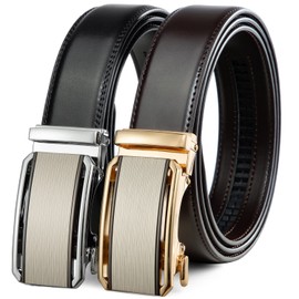 2 Pack Ratchet Belt 1 3/8", Leather Dress Belt with Click Sliding Buckle in Gift Set Box, Mens Adjustable Belt Trim to Fit (Black/Coffee Belt, 28"-42" Waist Adjustable)