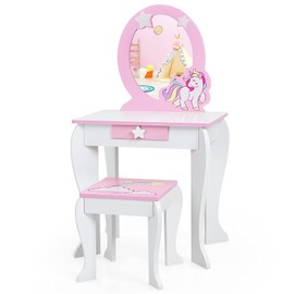 HONEY JOY Unicorn Kids Vanity, Toddler Makeup Table with Mirror and Stool, Wooden Pretend Play Vanity for Little Girls, Detachable Mirror and Storage Drawer, Kids Vanity Table and Chair Set (White)