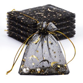 GoClimber 100 PCS 4.0x4.7 Inches Moon Star Printed Orchid Organza Bags, Black Moon and Stars Bag for Make up,Candy, Gifts, Party, Jewelry, Festival, Net Favor Drawstring goody Bags