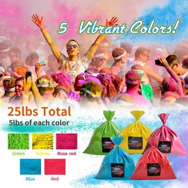 AWZNG Holi Colors Powder for color run,Pack of 5 Bags,25 Pounds in Bulk,5 lbs of Each Color-Red,Yellow,Blue,Pink,Green for Festivals