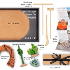 Island Falls Home Desert Zen Garden Kit. Premium Home Cactus Decor. 11x8 Sand Tray. 4 Artificial Features, Brown Sand, 3 Handcrafted Wood Tools. Southwestern Desert Decor Zen Garden for Desk Therapy