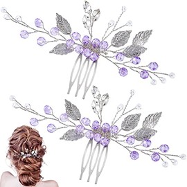PAGOW 2PCS Leaf Hair Combs, Purple Rhinestone Hair Comb Clips, Hair Side Comb Clips, Crystal Wedding Headpiece Hair Accessories For Women, Girls, Bride, Bridesmaid ( 4.73 x 2.76 inch )