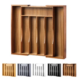 oridom Expandable Acacia Kitchen Drawer Organizer for Cutlery and Utensils, Adjustable Acacia Wood Cutlery Tray in Drawer for Flatware and Silverware in Kitchen