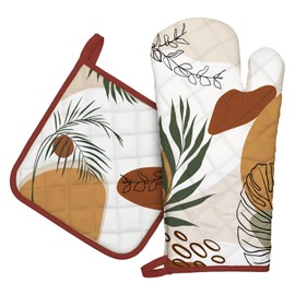 Arquiel Oven Glove and Pot Holder, Set of 2, 100% Cotton Cooking Gloves, Heat Resistant Kitchen Glove for Cooking, Baking, Barbecue, Gift, Boho Abstract