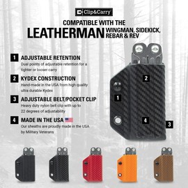 Clip & Carry Kydex Multitool Sheath for Leatherman Wingman/Sidekick/REBAR/REV - Made in USA (Multi-Tool not Included) Multi Tool Holder Holster (Carbon Fiber Orange)
