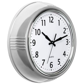 Bernhard Products Retro Wall Clock 9.5 Inch Silver Kitchen 50's Vintage Design Round Silent Non Ticking Quality Quartz Battery Operated for Home/Office/Kitchen/Living Room/School Classroom