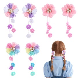 6PCS Hair Bows for Girls, Flower Hair Accessories for Girls, Long Tassel Clips,Cute Flower Clip for Everyday Decorative Use(Colorful Set B)