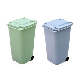 Wisafory Pack of 2 Table Rubbish Bin, Mini Rubbish Bin, Table Rubbish Bin, Desktop Rubbish Bin, Plastic Waste Bin with Swing Lid and Wheels, Desk Organiser, Blue + Green