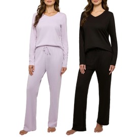 Real Essentials 2 Pack Women's Soft Cotton Long Sleeve Pajama Set With Pants - Lounge Sets For Women