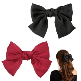 ZEVONDA 2 Pack Bow Hair Clips - Silky Satin Ribbon Hair Bows Barrettes with Metal Clasp Bow Hair Pins Solid Color Sweetness butterfly Clips Hair Accessories for Girls Women, Black+Rose Red