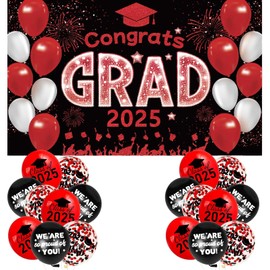 Red and Black Graduation Decorations Class of 2025 Banner with 18 Pcs Balloons Set - Large Congrats Grad 2025 Graduation Backdrop Decor, Red Graduate Balloons Grad Party Decorations