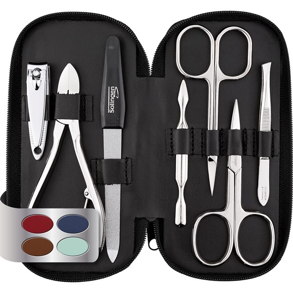 Manicure set made in Germany - 7 piece stainless steel finger & toe nail clipper set in imitation leather & denim case, made in Solingen Germany