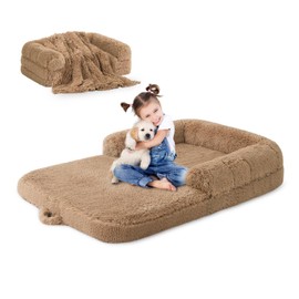 ZOMISIA Human Dog Bed for Kids, 2 in 1 Foldable XL Bed for People Fits Pet Families, Orthopedic Calming Memory Foam Dog Sofa, Faux Fur Human Size Pet Bed with Blanket, 54"x38"x8.5", Camel