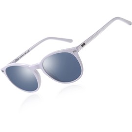DUCO Retro Round UV400 Polarized Sunglasses for Women Men Vintage Shades Classic Acetate Trendy Fashion Sunglass DC1230 (White Frame Grey Lens)