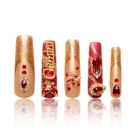 LOVFUL Uñas Postizas Gemini | Hechas A Mano Con Cristales Recubiertos | Uñas Postizas Reutilizables | Cuadradas, Longitud Media De 4,3 Cm | H253-M