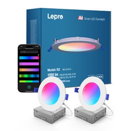 Lepro R2 AI 6 inch LED Recessed Light - LLM AI Lighting with Mood Recog. Dimmable Wafer Lights RGBCW Sync with Music, Smart Canless Downlights Work Alexa & Google Assistant, 12W 1050 Lumen, 2-Pack