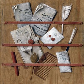 Still Life of A Letter Rack Holding Newspapers Comb Knife Trompe-L'Oeil by Edwaert Collier Tile Mural Kitchen Bathroom Wall Backsplash Behind Stove Range Sink Splashback 2x2 4.25" Ceramic, Glossy