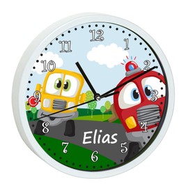 CreaDesign WU-30-1094 Car Wall Clock for Children's Room, Silent Clockwork without Ticking, Customisable with Name, White Frame, Diameter 19.5 cm