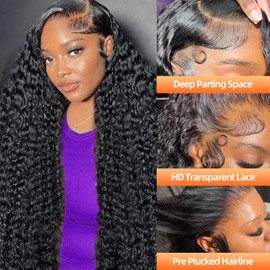 COLORSUPIDOL 28 Inch 13x4 Deep Wave HD Lace Frontal Human Hair Wigs Deep Curly Lace Frontal Wigs 200 Density Glueless Wigs Human Hair for Black Women Natural Color