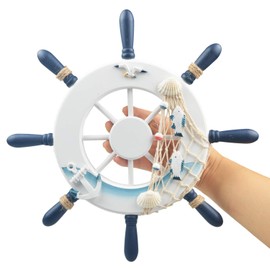 Meching Nautical Decor 2 Pack 13" Wooden Ship Wheel and Wood Anchor with Rope Nautical Boat Steering Rudder Wall Decor Door Hanging Ornament