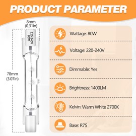 R7S Halogen Bulbs 78 mm 80 W 230 V Warm White Dimmable 2700 K Halogen Rods Linear J 78 mm R7S 1400LM for Living Room Lamp, Bulbs for Uplights, Work Lamps, Landscape Lights, Pack of 5