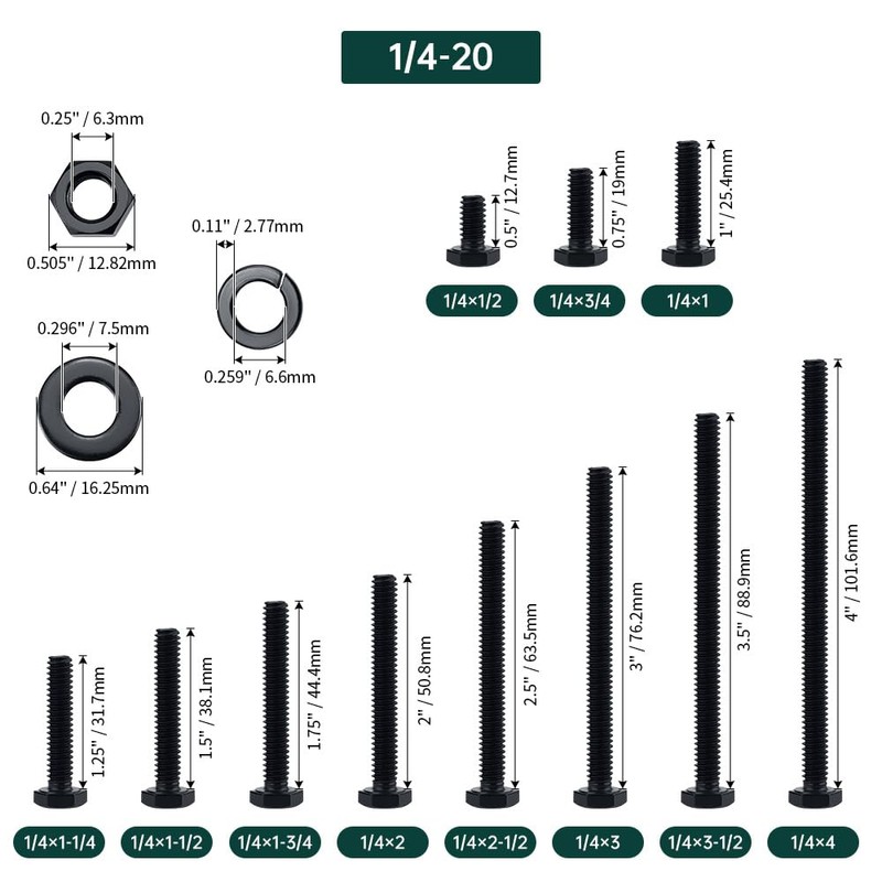 1/4-20 x 4 Hex Bolts with Nuts and Washers (10