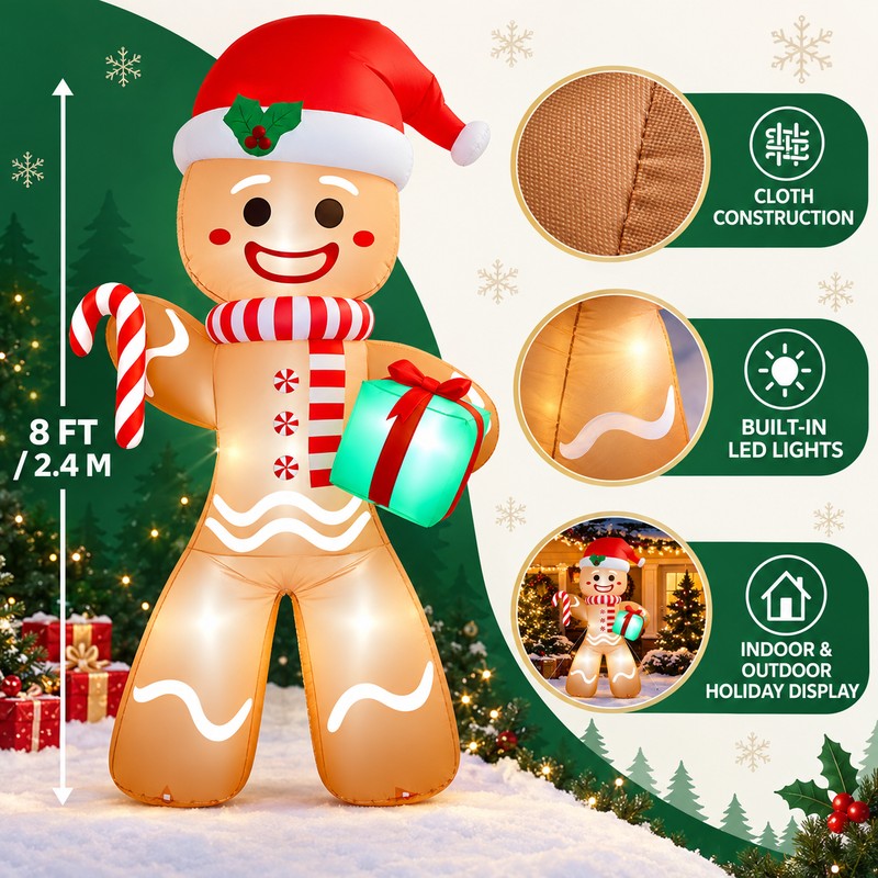 8FT Christmas Inflatable Gingerbread Man for Yard – LED Lighted