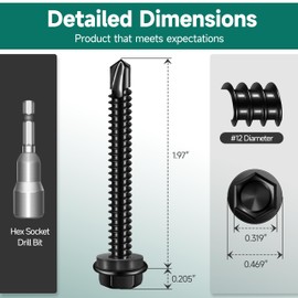 EASTPUK 50Pcs #12 x 2 Sheet Metal Screws, 410 Stainless Steel Self Drilling Hex Head Black Self Tapping Screws for Metal with Drill Bit