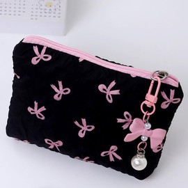 RUIXIAOXI Coquette Floral Bow Makeup Bag, Quilted Bow Cosmetic Bag Small Travel Aesthetic Pleated Make up Bag Cute Toiletry Bag for Women Girls, Black, Fashion