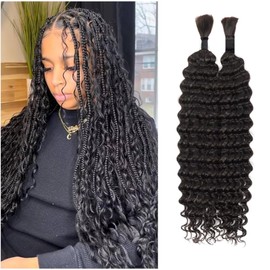 Human Braiding Hair Deep Bulk for Boho Braids 24 Inch Human Hair Braiding Hair Full Bulk 2 Bundle 95g no Weft Deep Wave Bulk Human Hair Extensions for Braiding Nature Black