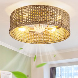 Fandelier Ceiling Fan with Light, 20 Inch Rattan Fans 。Remote Control ，Boho Caged，Handwoven，Flush Mount Low Profile 6 Speeds for Bedroom, Living Room,Dining Room.Yoga Room