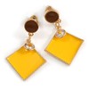 Gold Tone Enamel Square Drop Earrings/Brown/Yellow/40mm Long