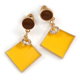 Gold Tone Enamel Square Drop Earrings/Brown/Yellow/40mm Long