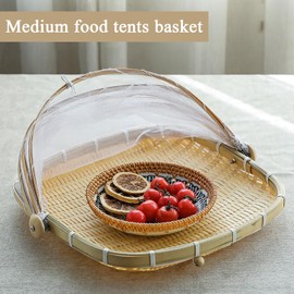 Aulaned Bamboo Food Serving Tent Basket with Cover, Square Hand-Woven Food Serving Basket with Mesh Cover Vegetable Fruits Bread Basket for Indoor Outdoor Home Kitchen Picnic (13 Inch)
