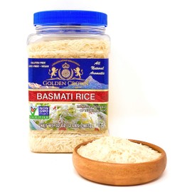 Golden Crown White Basmati Rice - Natural Aromatic Long Thin Grain Gluten Free Non GMO Vegan Kosher Halal White Rice - 32 OZ (2LBS)