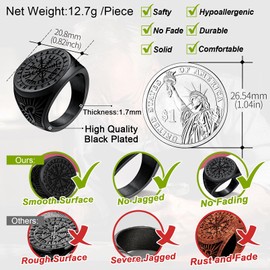 Black Compass Rings for Men Nordic Jewellery Stainless Steel Runic Vegvisir Talisman Ring Viking Finger Charm Size Z+3